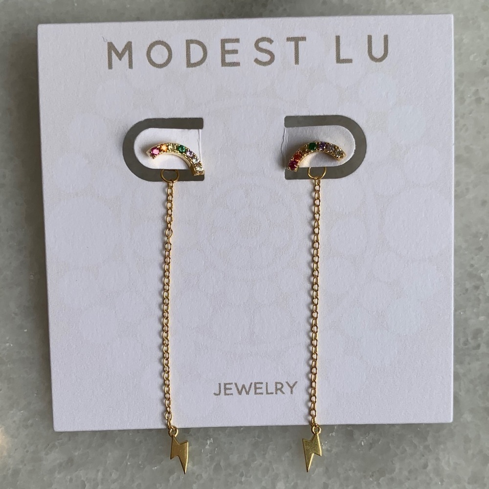 18K Gold Rainbow Stud Long Chain Tassel Earrings